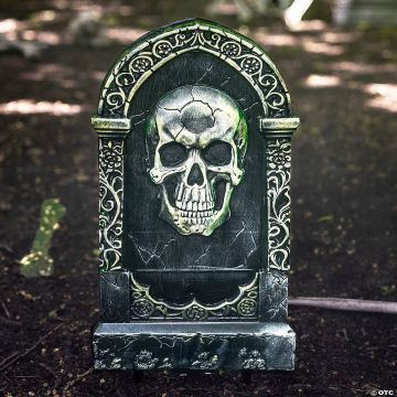 21" Light-up Tombstone With Skull Halloween Decoration