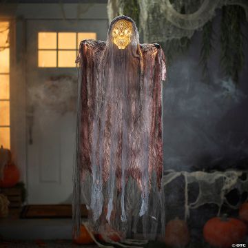 4 Ft. Hanging Orange Light-up Skeleton Face Reaper Halloween Decoration