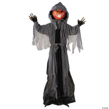 5 Ft 10 3/4" Animated Standing Light-up Pumpkin Man In Hooded Cloak Halloween Decoration