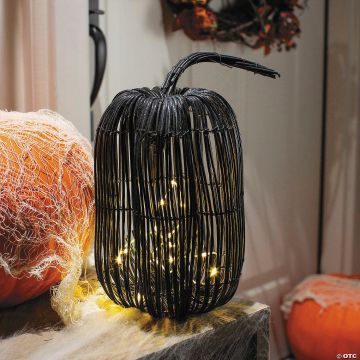 7 3/4" X 15 3/4" Tall Rattan Pumpkin With Yellow Light Strand Halloween Decoration