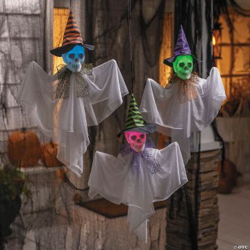 23 1/2" Hanging Light-up Skeleton Face Ghosts With Witch Hats - Set Of 3