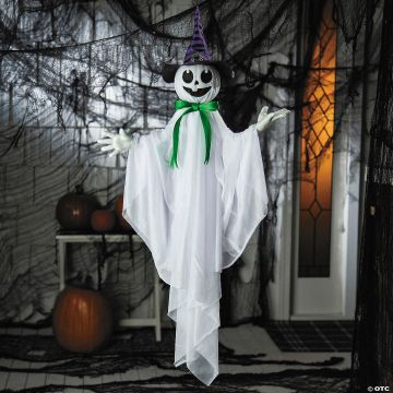 39 1/4" Animated Hanging Smiling Ghost With Witch Hat & Green Bow Halloween Decoration