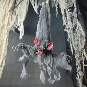 39 1/4" Animated Hanging Light-up Upside-down Gray Bat Halloween Decoration