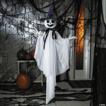 39 1/4" Animated Hanging Smiling Ghost With Witch Hat & Black Bow Halloween Decoration