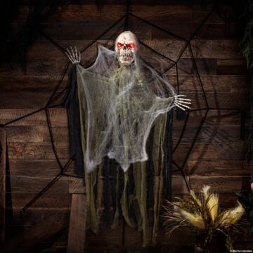 7 Ft. 10" Animated Light-up Hanging Talking Skeleton Stuck On Spider Web