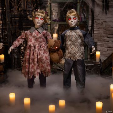3 Ft. Animated Light-up Apocalypse Twins With Stuffed Bear Halloween Decoration