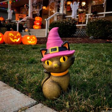 11" Light-up Led Cat With Witch Hat Blow Mold Figure Halloween Decoration