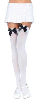 Nylon Thigh-Highs With Bow - White/Black - Adult OSFM