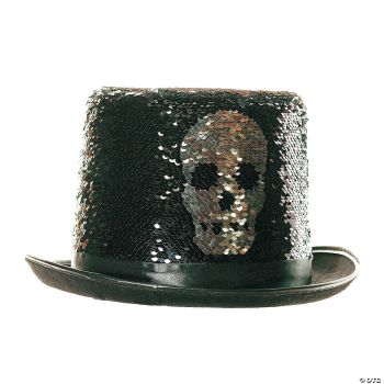 Reversible Silver Sequin Skull Top Hat - Adult