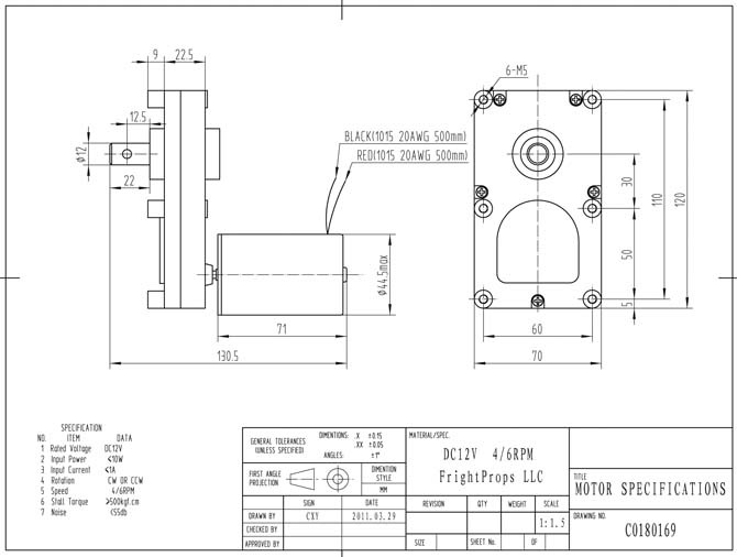 6RPM Fixed Speed High Torque 12VDC Prop Motor Dimensional Drawing…